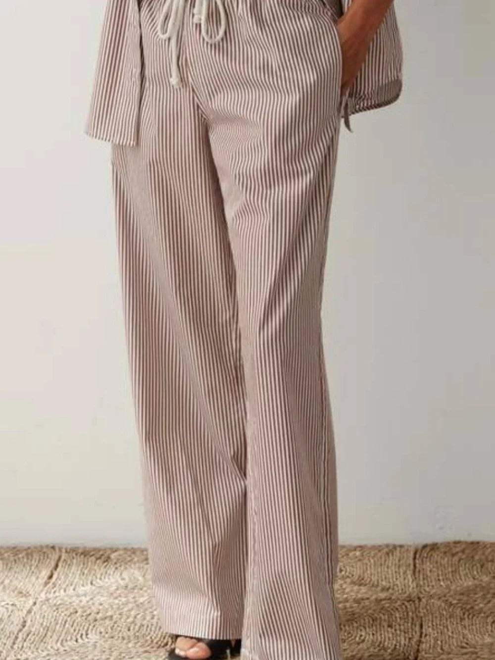 DONNI. Taupe and White Pinstripe Wide-Leg Drawstring Pants - Picture 3 of 4